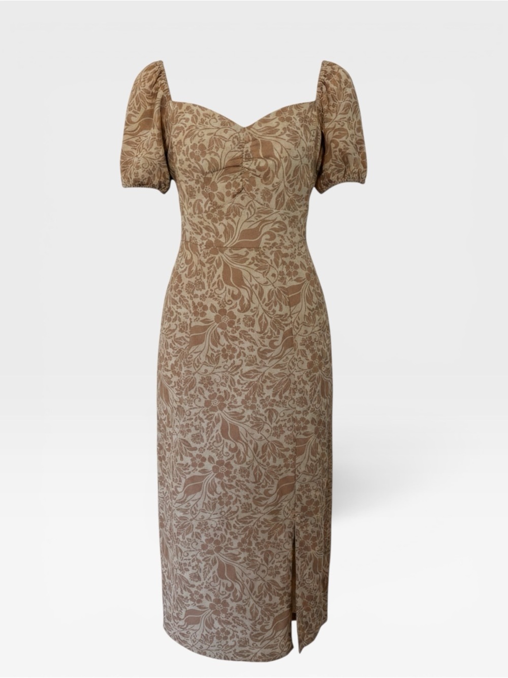 Jessica Simpson Taupe & Cream Floral Midi Dress with Sweetheart Neckline